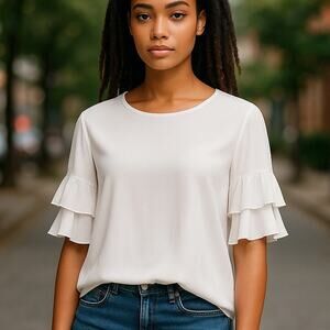 CALVIN KLEIN White Tiered Double Bells Sleeve Lined Blouse ~ Women's Size MEDIUM